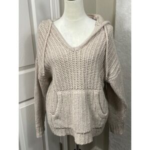 Aerie Womens‎ XS Wool Blend V Neck Hoodie Sweater Pullover Pouch Pocket Chunky